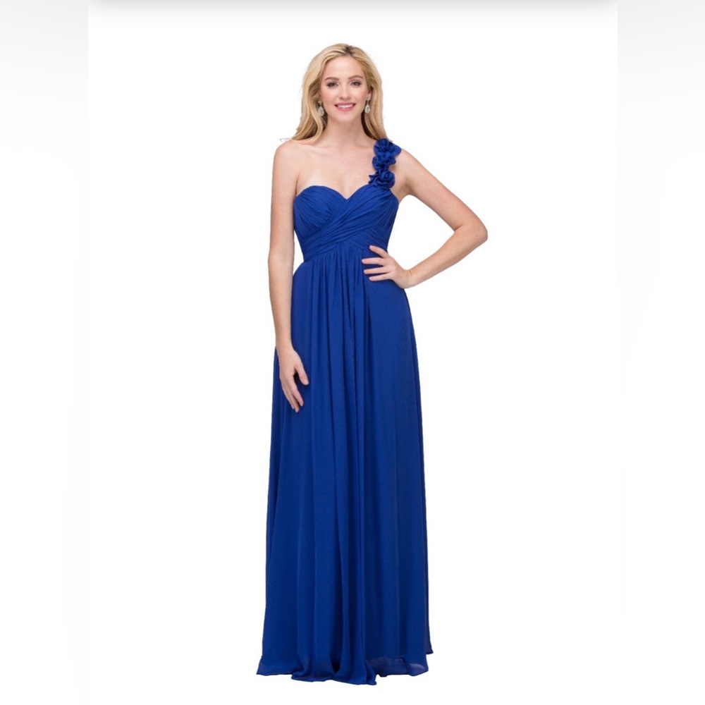 Royal Blue Sparkle Chiffon Floral One-Shoulder, Lined Long Formal Gown size 11